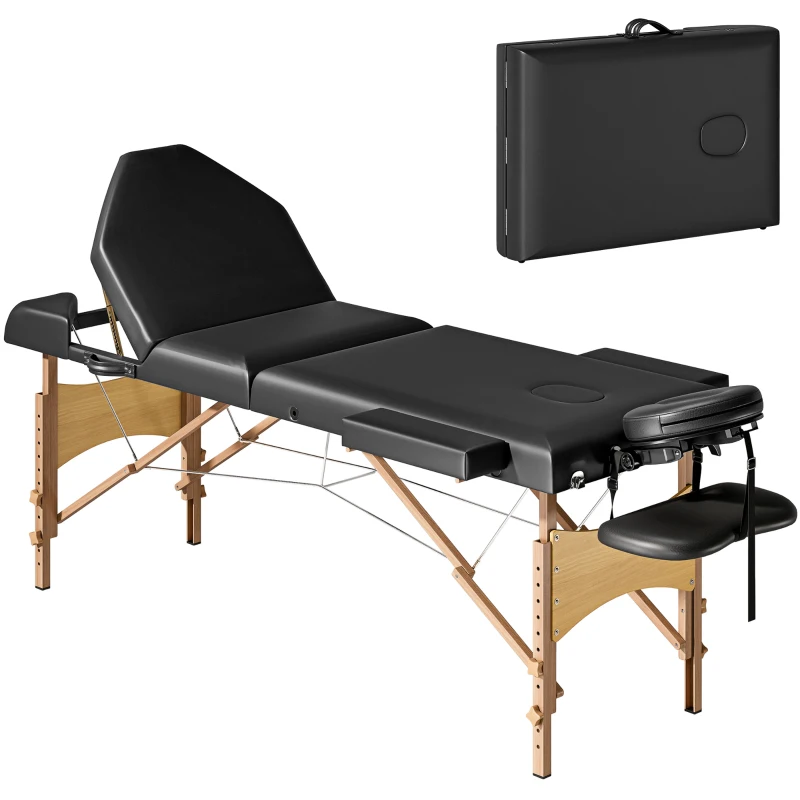 HOMCOM Camilla Masaje Plegable de Madera de 3 Zonas con Altura Ajustable Reposacabezas Reposabrazos 215x60x62-89 cm Negro