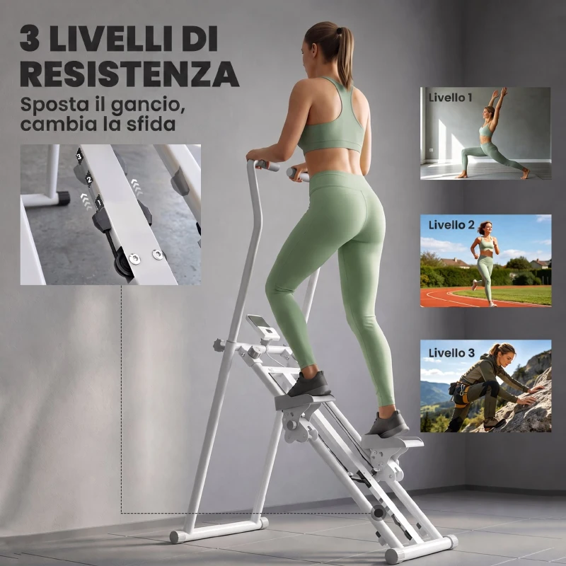 SPORTNOW Stepper Vertical Climber con Manubri Regolabile a 3 Livelli, Display LCD, Bianco