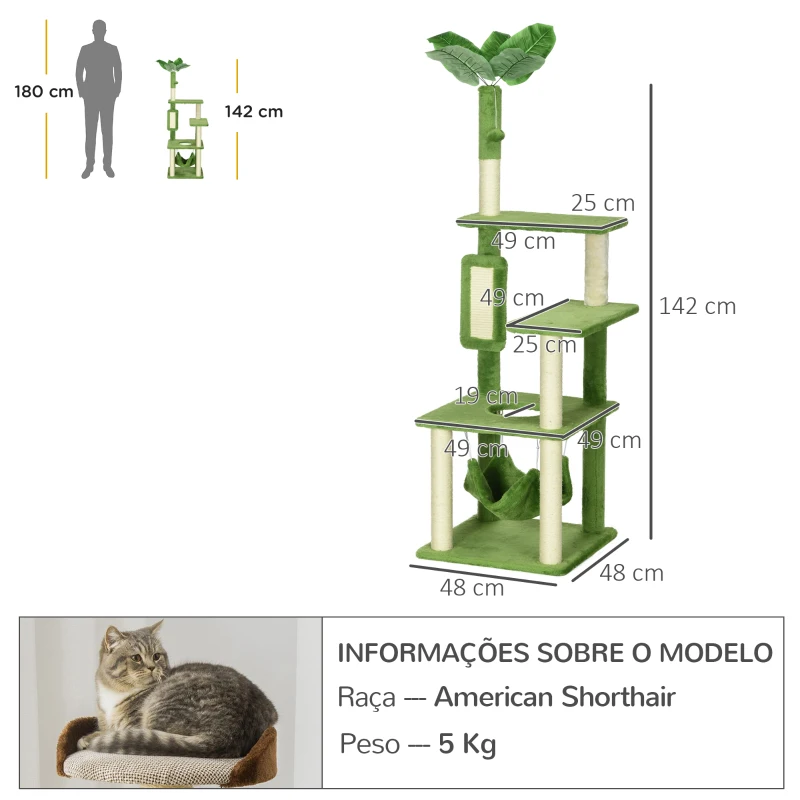 PawHut Arranhador de Gatos Grande de 142 cm com Postes de Sisal Plataformas Rede Folhas e Bola de Brinquedo Ø49x142 cm Verde