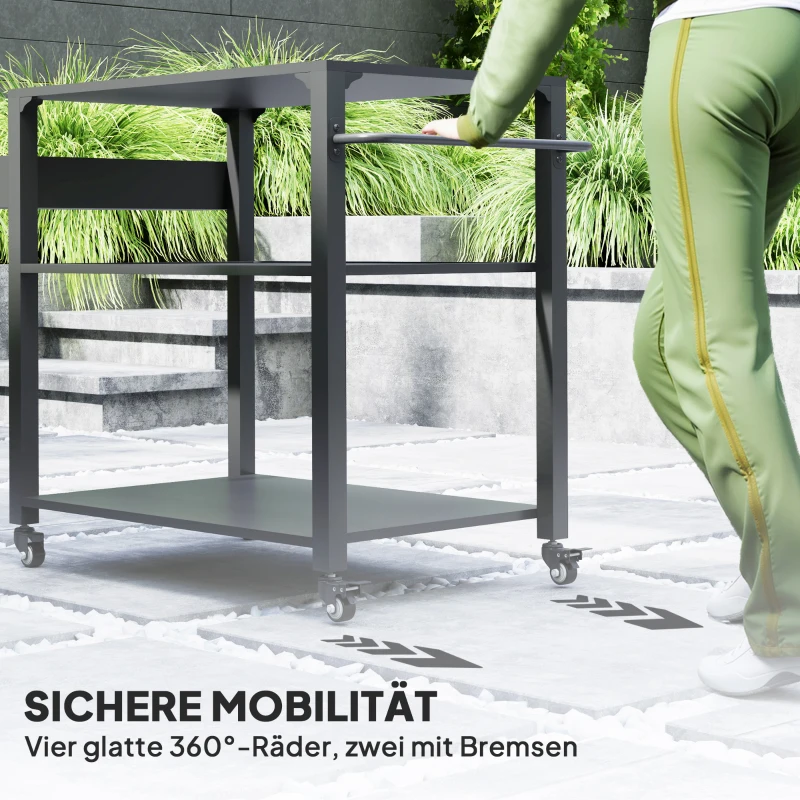 Outsunny Outdoor Keukeneiland, Grillwagen met Opbergrek, Handvat, 4 Wielen, Keukentrolley, Tuin, Terras, Metaal, Zwart