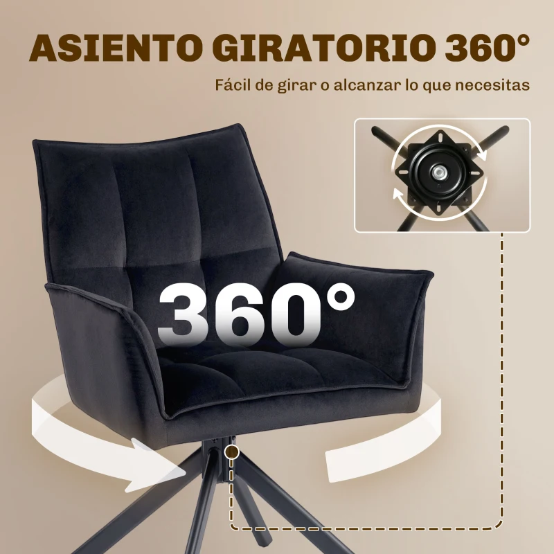 HOMCOM Pack de 2 Sillas de Comedor Giratorias con Reposabrazos Respaldo Acolchado Tapizado en Terciopelo Patas de Acero Negro