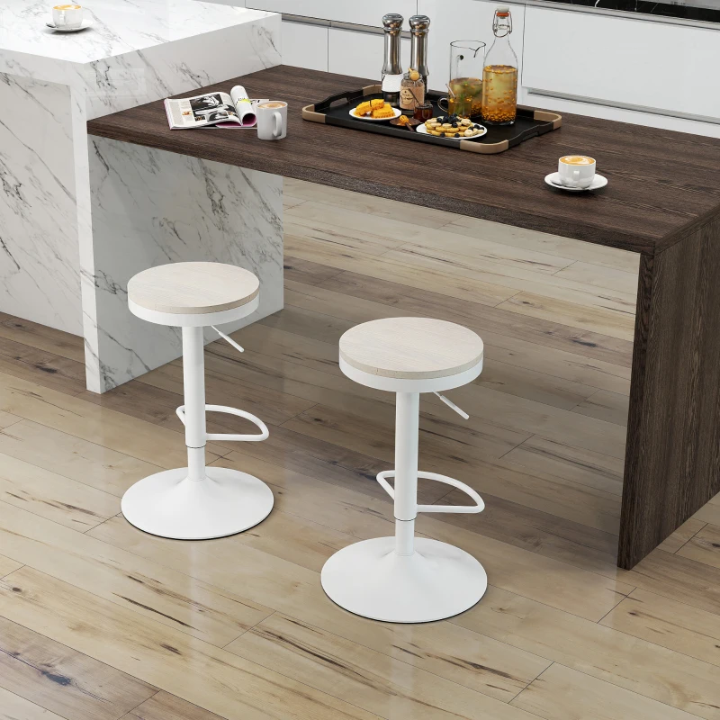 HOMCOM Lot de 2 tabourets de bar, chaises de bar pivotantes avec assise en hévéa, hauteur réglable et repose-pieds, blanc