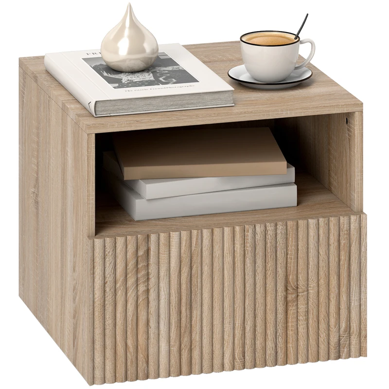 HOMCOM nachtkastje, greeploos ontwerp, open vak, lade, wandmontage, lichtbruin