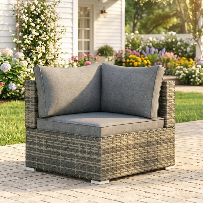 Outsunny Outdoor PE Rattan Corner Sofa, Garden Wicker Furniture Single Sofa Chair w/ Cushions, Light Grey