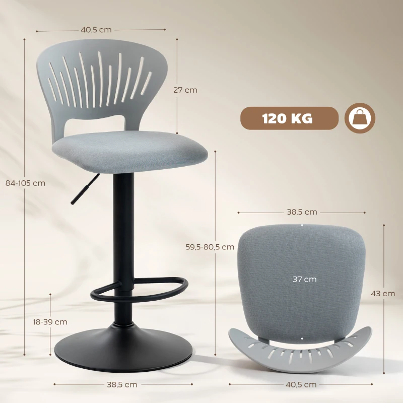 HOMCOM Conjunto de 2 Bancos Altos de Cozinha Giratórios a 360° Reguláveis em Altura de 84-105 cm 40,5x43x84-105 cm Cinzento