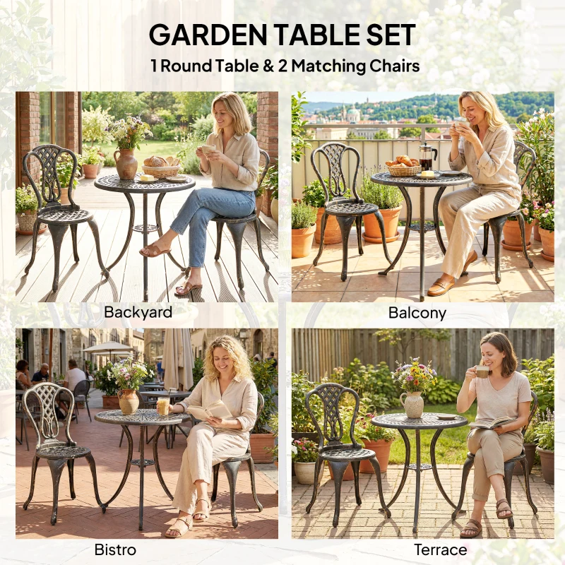 Outsunny 3 Piece Patio Cast Aluminium Bistro Set Garden Outdoor Furniture Table and Chairs Shabby Chic Style, Bronze Tone