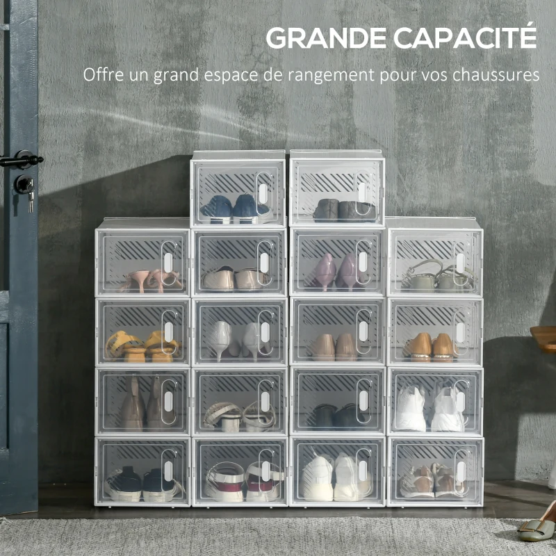HOMCOM Lot de 18 boites cubes rangement à chaussures modulable avec portes transparentes - 25 x 35 x 19 cm
