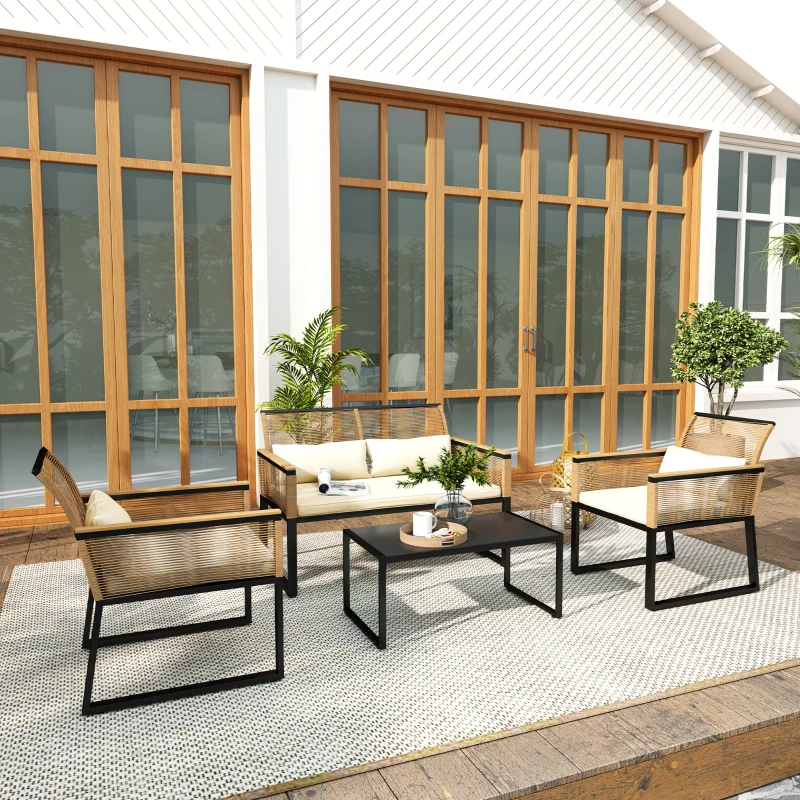 Outsunny Conjunto de Jardim 4 Peças de Vime Sintético com 2 Cadeiras 1 Sofá de 2 Lugares e Mesa de Centro Madeira e Creme