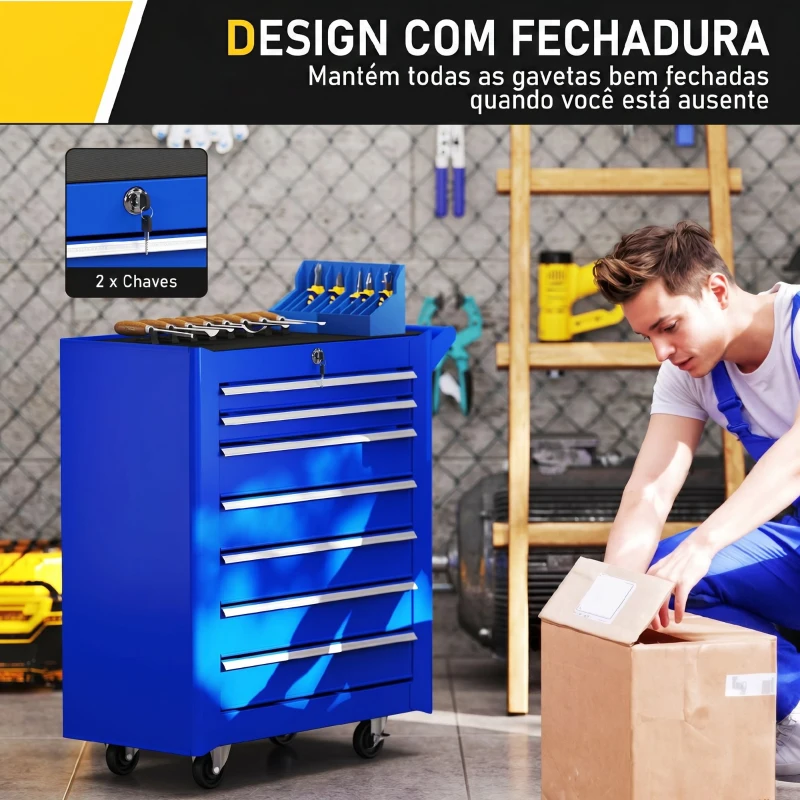 DURHAND Carrinho de Ferramentas com 7 Gavetas Carrinho de Oficina com Fechadura Pega 2 Rodas com Travão 69x33x75 cm Azul