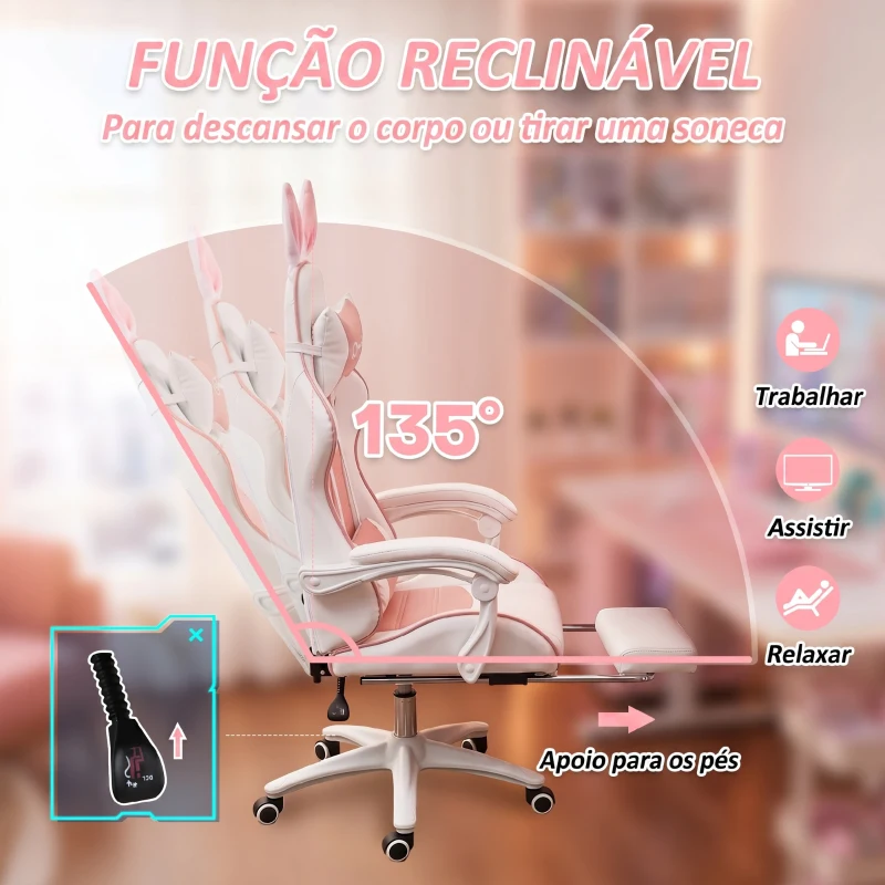 Vinsetto Cadeira Gaming Giratória de Couro PU com Altura Ajustável Inclinável 135° Apoio para a Cabeça 65x63x136-142 cm Rosa e Preto