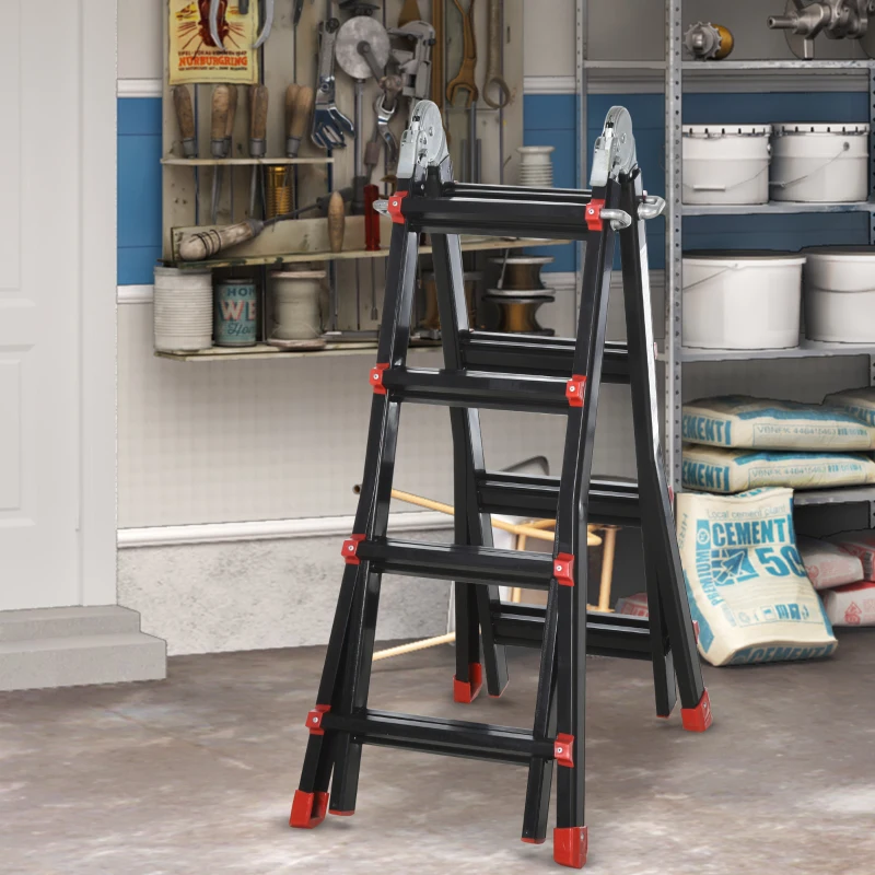 HOMCOM Telescoopladder, antislip treden, tot 150 kg belastbaar, aluminium, Zwart+Rood