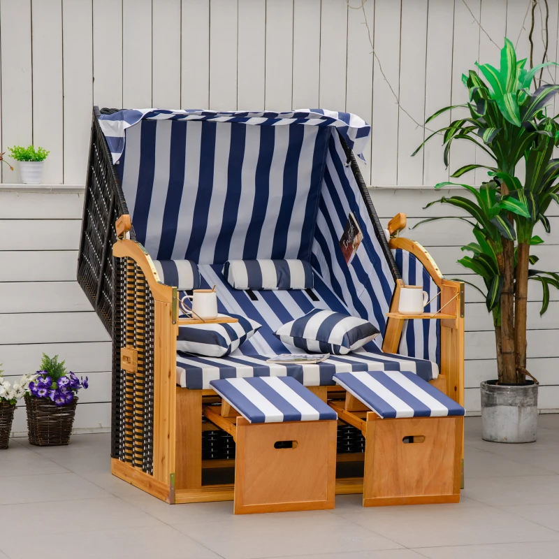 Outsunny strandstoel met dak rotan look klaptafel blauw 118 x 79 x 150 cm(m-2)