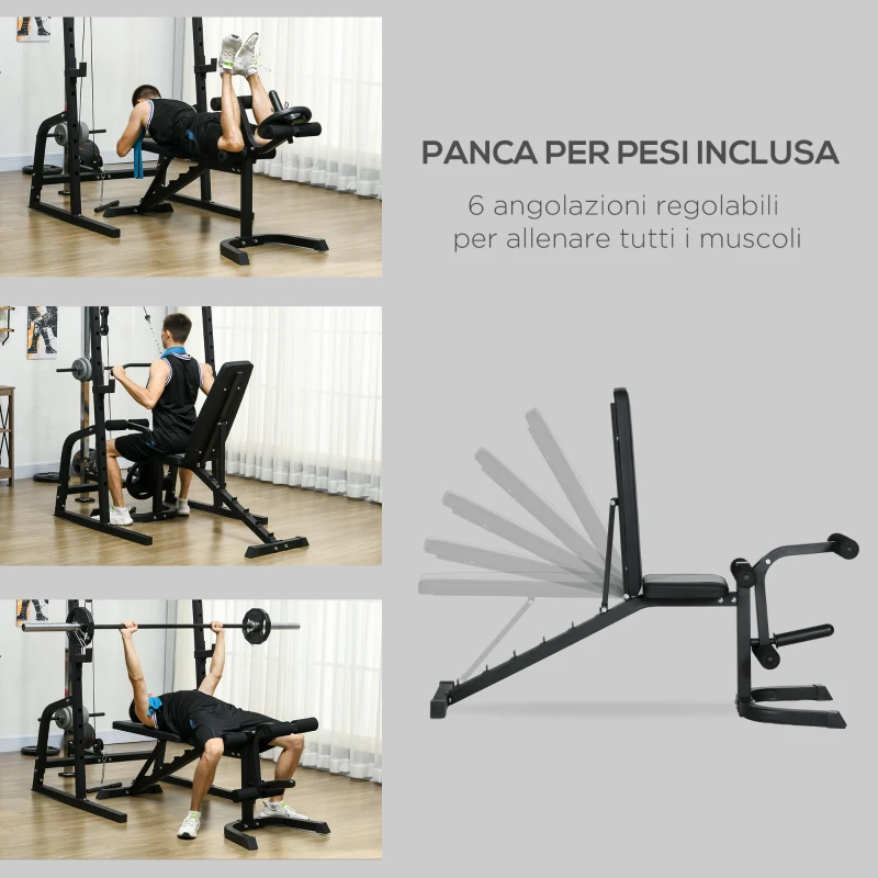 SPORTNOW Power Tower Multifunzione con Panca per Addominali e Porta Bilanciere Regolabile, Nero