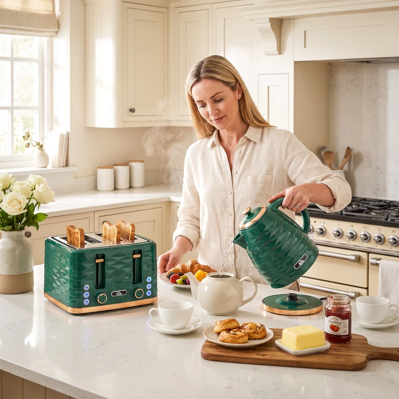HOMCOM 2-in-1 waterkoker- en broodroosterset, 7 bruiningsstanden, ontdooi- en opwarmfunctie, groen