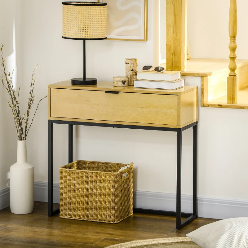 HOMCOM Mesa Consola com Gaveta Consola Moderna Mesa de Entrada com Pés de Aço 80x30x76 cm Madeira e Preto
