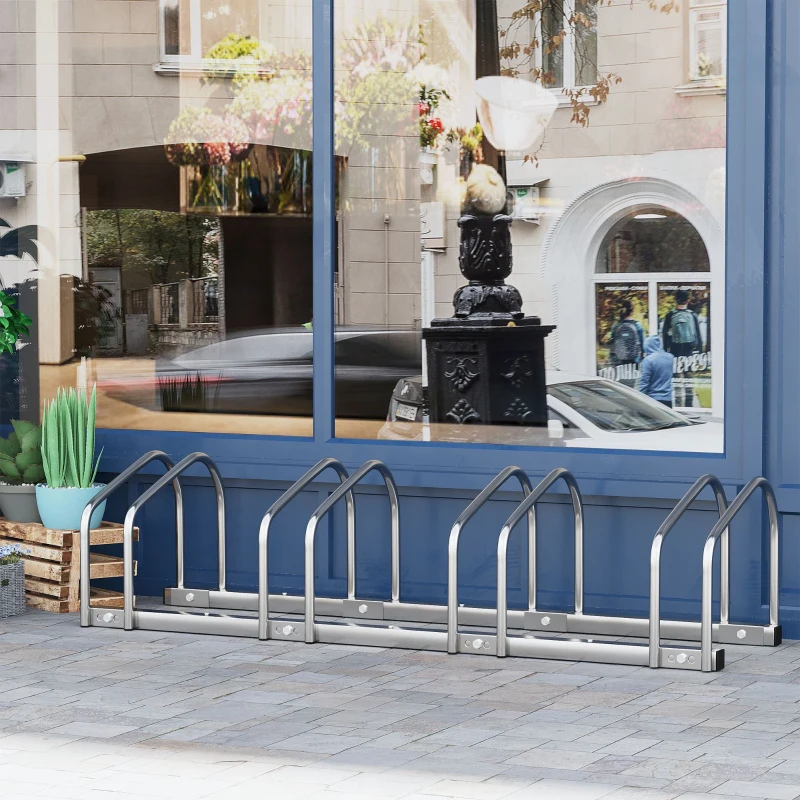 HOMCOM Estacionamento para 4 Bicicletas Suporte de Aço para Estacionar Bicicletas no Chão para Interior e Exterior 110x33x27 cm Prata