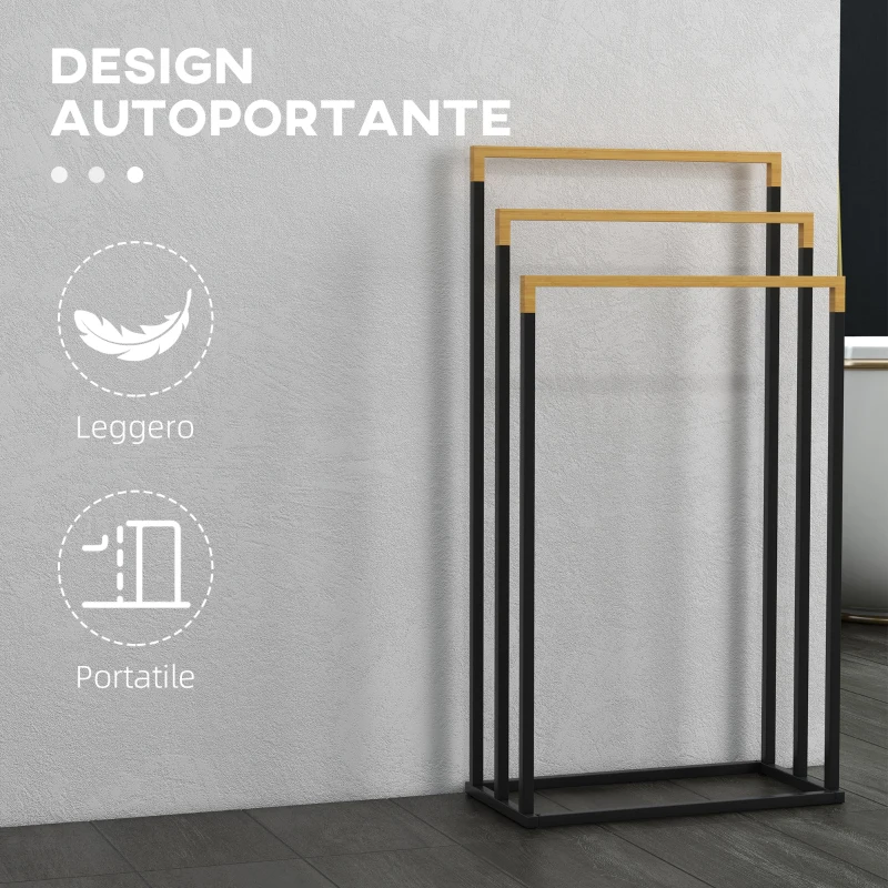 kleankin Portasciugamani a 3 Sbarre in Bambù e Acciaio con Design Autoportante, 45x22.5x86 cm
