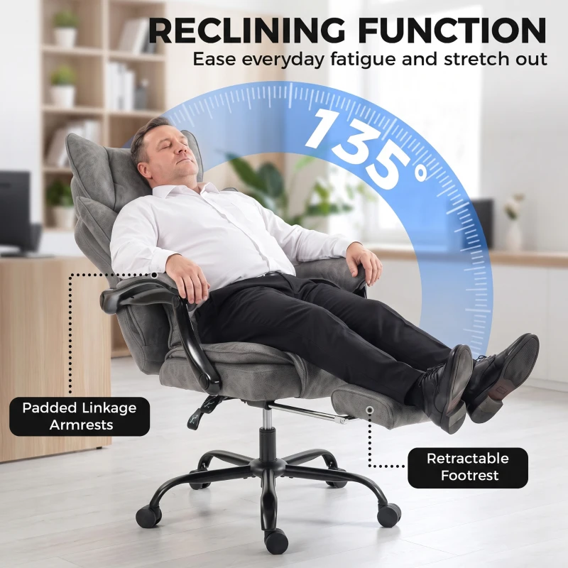 HOMCOM Executive Office Chair, Leathaire Big and Tall Office Chair 180 kg with Wide Seat, Reclining, Lumbar Support, Grey
