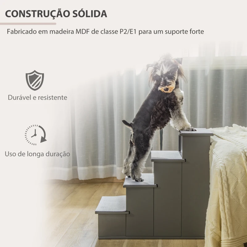 PawHut Escada para Animais de Estimação de 4 Degraus Escada para Cães e Gatos com Tapetes Antideslizantes Removíveis 40x59x54,2 cm Cinza