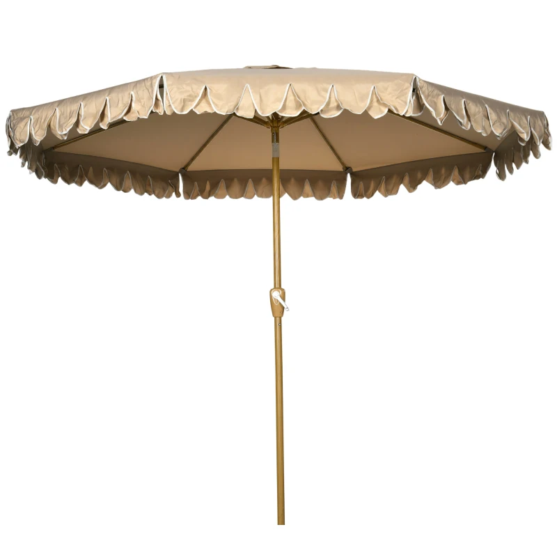 Outsunny parasol, met franje, kantelbaar, met handslinger, staal+polyester, kaki, Ø265 x 235,5 cm
