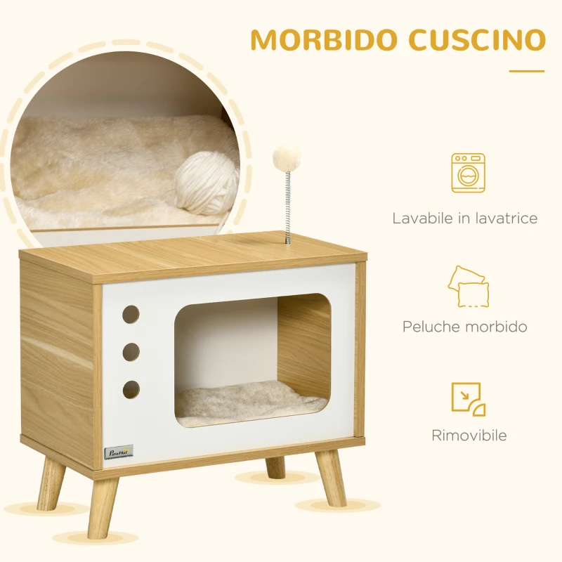 PawHut Casetta per Gatti in Truciolato a forma di Televisore con Cuscino e Pallina Giocattolo, 50x28x43 cm