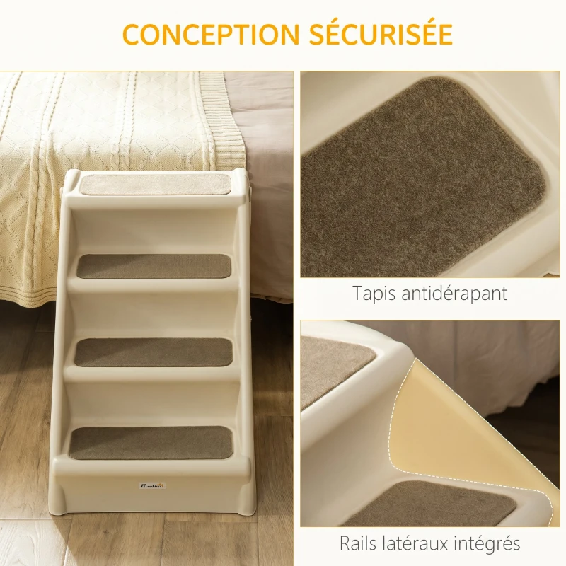 PawHut Escalier pour Chien Pliant à 4 Marches Antidérapantes, Escalier pour Animaux en Plastique, 62 x 38 x 49,5 cm, Beige