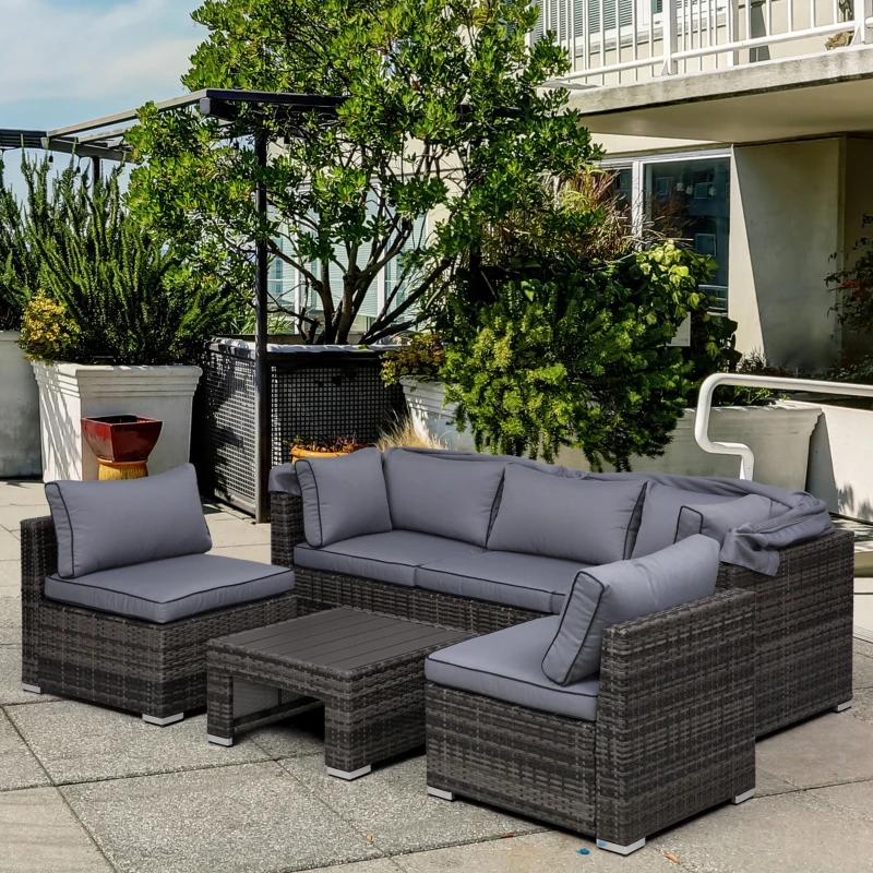 Outsunny Rattan Lounge Set, Sitzgruppe mit Sonnendach, Garten Loungegruppe, inkl. Kissen und Beistelltisch, Metall, Grau, 215 x 75 x 64 cm