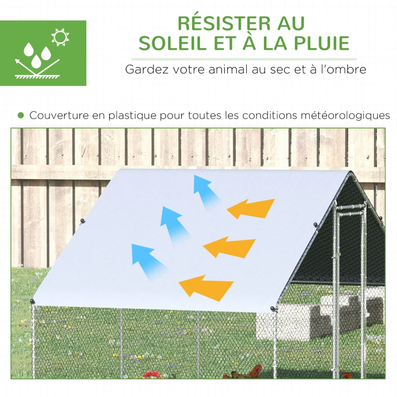 PawHut Enclos pour Poules XXL 6 m² - Grand Parcours Extérieur en Acier Galvanisé 3x2x2m - Volière de Jardin Anti-renard avec Bâche de Toit pour 4-6 Poules, Canards ou Lapins, Gris