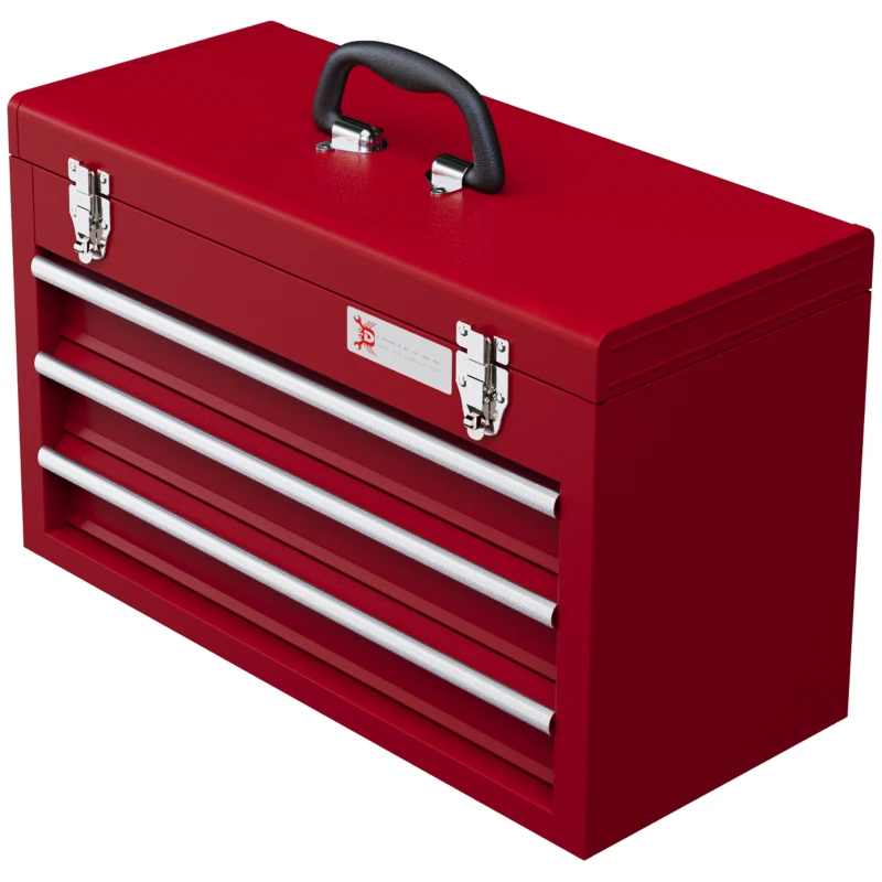 DURHAND Gereedschapskist met 3 Laden, Bovenopbergvak, Stalen Sluitingen, Draaggreep, 51x22x32 cm, Rood