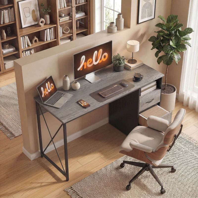 HOMCOM Mesa de Ordenador 120x50 cm Escritorio de Ordenador Industrial con Compartimento y 2 Cajones para Oficina Gris Claro