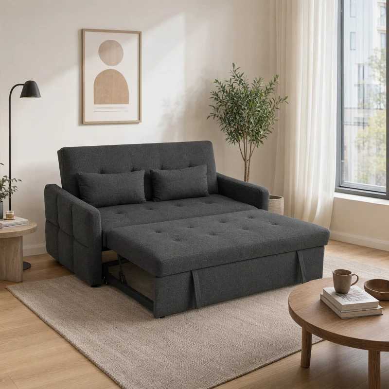 HOMCOM Sofá Convertible 2 Plazas 3 en 1, Sofá Cama Clic Clac 160 cm, Respaldo Regulable, Asiento Amplio, 2 Cojines, Gris oscuro
