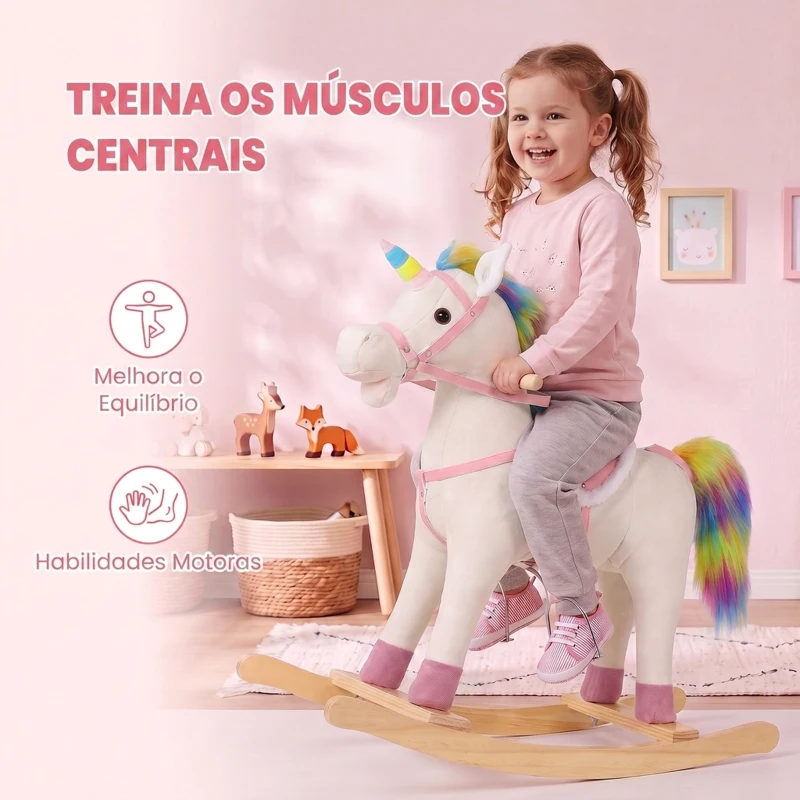 AIYAPLAY Cavalinho de Baloiço Unicórnio com Som e Base de Madeira para Crianças 1-3 Anos Creme
