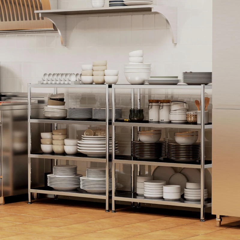 HOMCOM 4-Tier Bakers Rack with Storage, Stainless Steel Microwave Stand with Adjustable Shelves for Small Spaces, Kitchen Storage Unit for Spices, Pots and Pans, Silver Tone