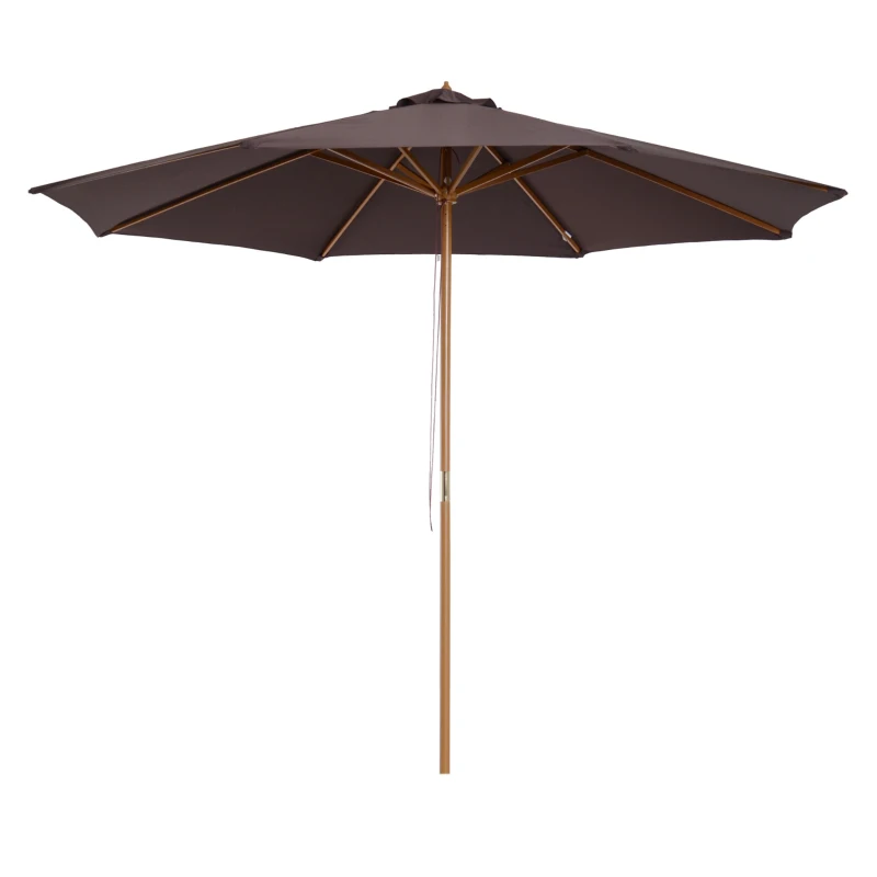 Outsunny 3(m) Garden Parasol, Pulley Operated Patio Umbrella, Wooden Parasol, Table Market Umbrella with Rope Pulley Mechanism and 8 Ribs, Coffee