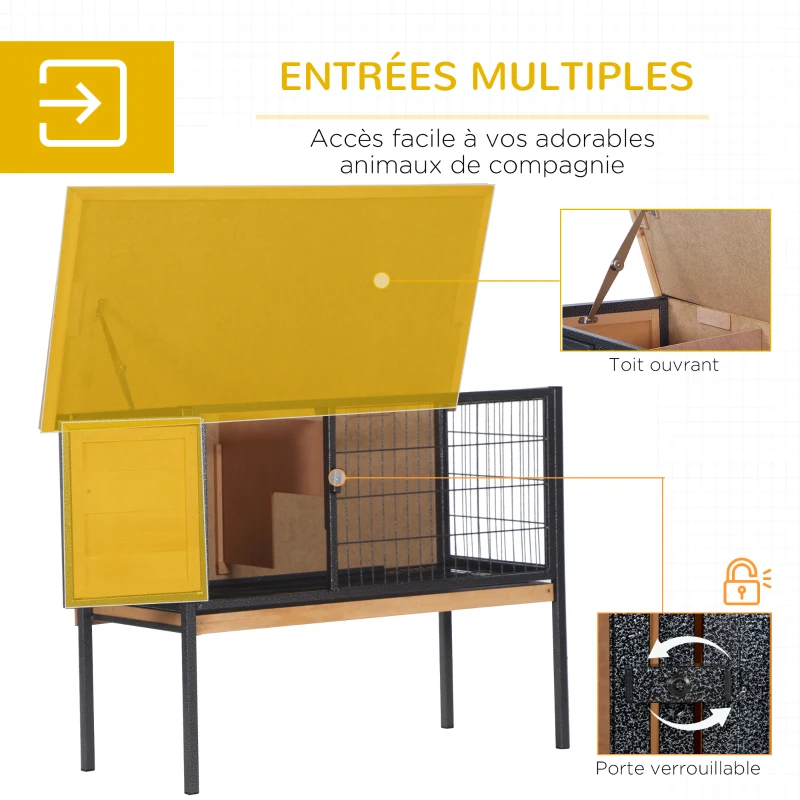 PawHut Cage à lapins en bois sur pieds, clapier pour rongeurs, cochons d'inde avec toit ouvrable - dim. 91,5L x 45l x 70H cm