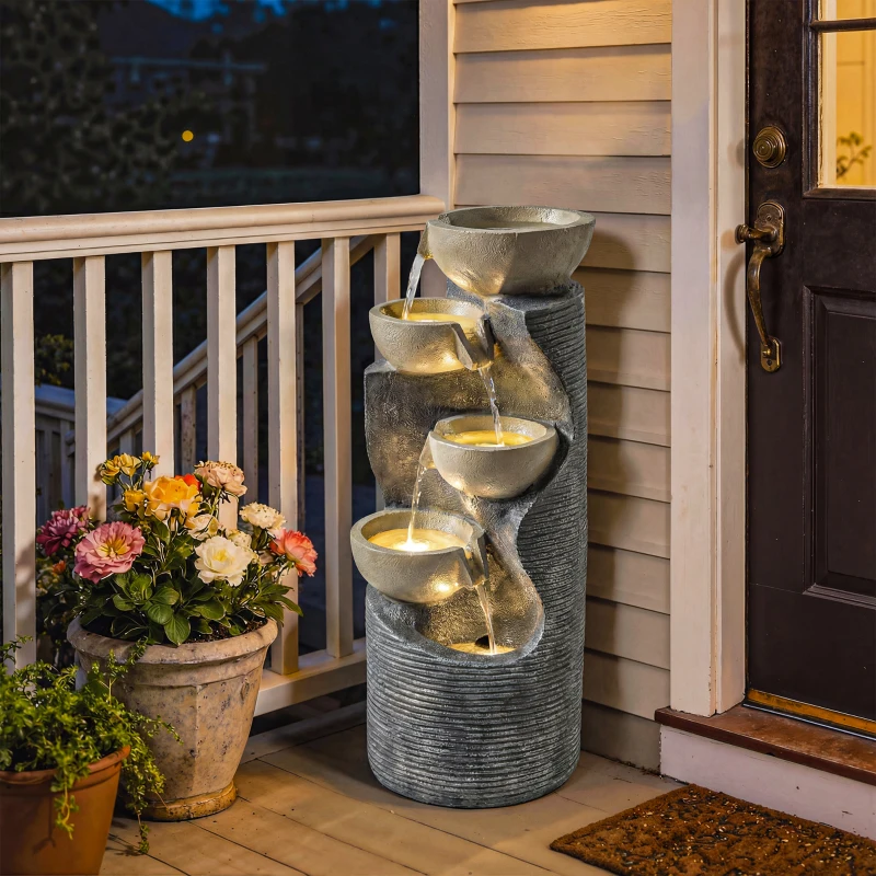 Outsunny Garden Water Feature, Outdoor Water Fountain with LED Lights and Pump, 5 Tier Cascading Waterfall Fountain for Indoor