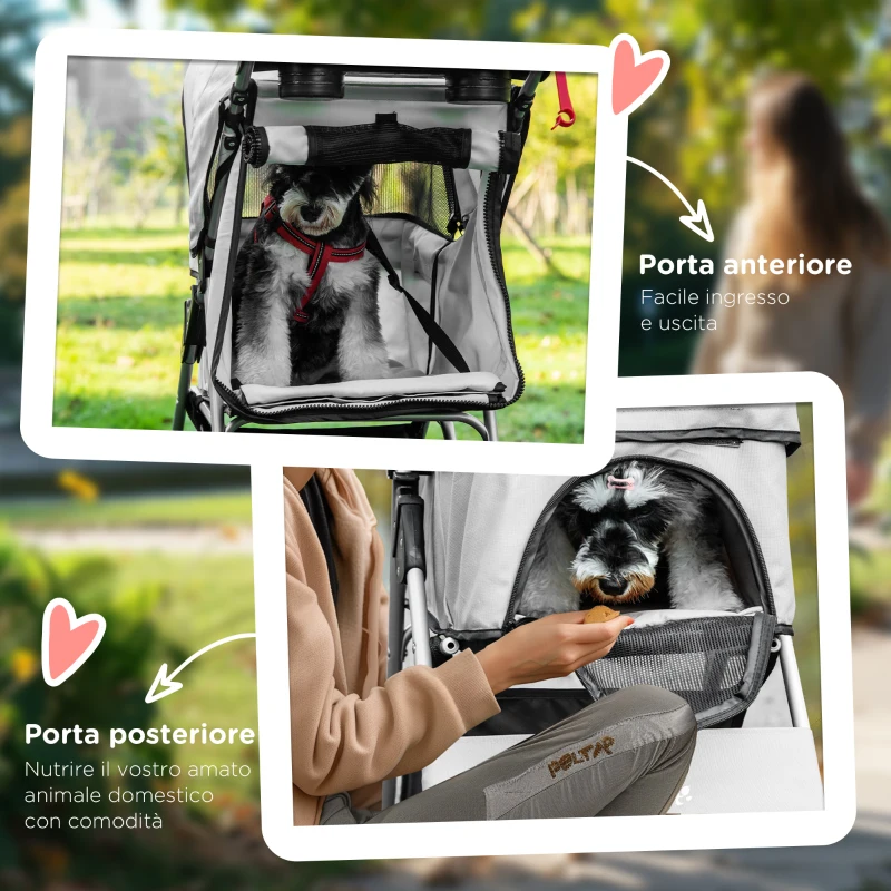 PawHut Passeggino per Cani Pieghevole con 3 Reti e Cerniera, in Ferro e Tessuto Oxford, 77x45x99.5 cm, Grigio