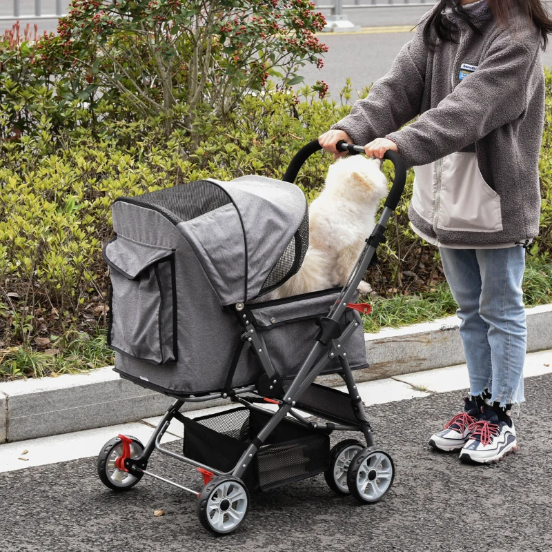 PawHut Poussette buggy pliable chien chat panier et sac de rangement attaches sécurité housse réglable acier Oxford gris chiné noir