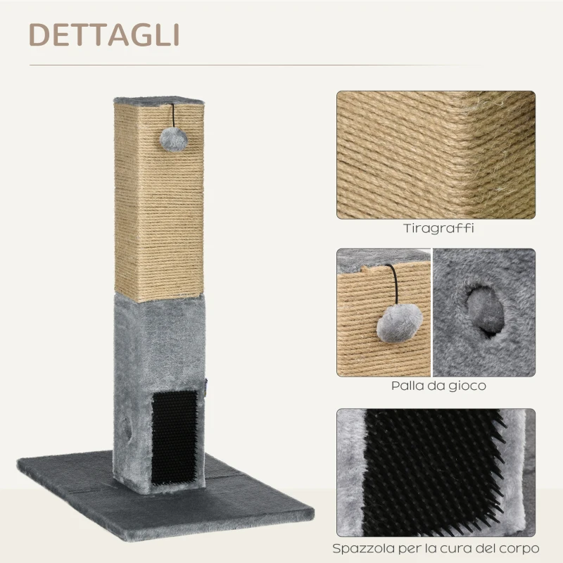 PawHut Albero Tiragraffi per Gatti con 2 Palline Giocattolo e Spazzola, in Legno, Iuta e Peluche, 59.5x39x79 cm, Grigio