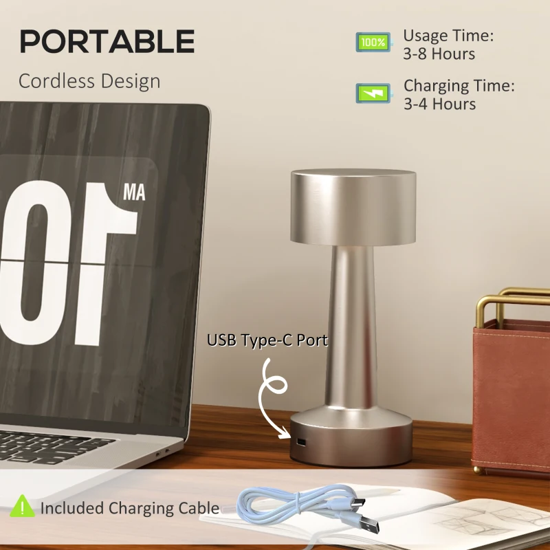 HOMCOM Cordless Table Lamp, Touch LED Desk Lamp with Rechargeable Battery, 3 Colour, for Bedroom Living Room, Silver