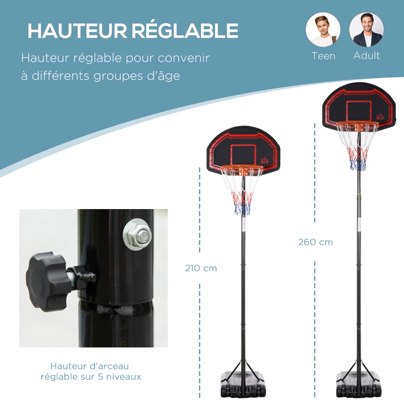 HOMCOM Panier de basket extérieur avec poteau panneau, base de lestage sur roulettes hauteur réglable 2,1-2,6 m (panier)