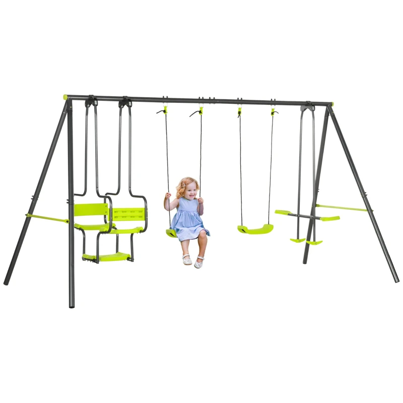 Outsunny Conjunto de Baloiços Infantil com 2 Baloiços Baloiço Duplo e Estrutura de Aço para Crianças de 3-8 Anos 355x184x186 cm Verde