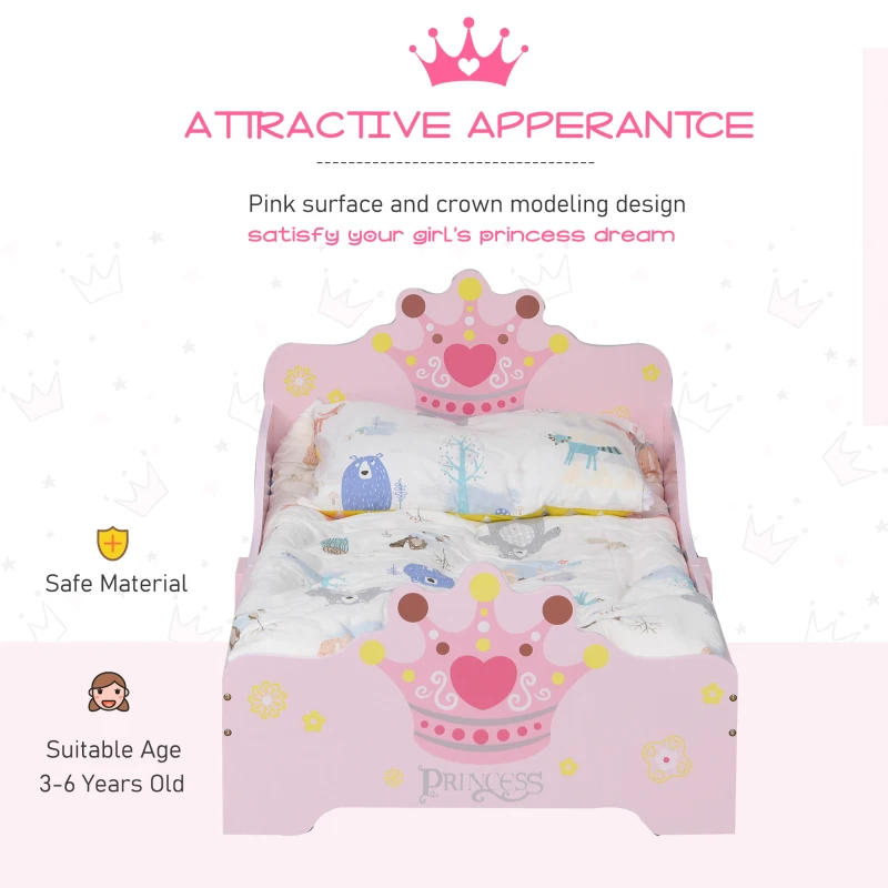 HOMCOM Kids Toddler Bed Princess Crown Theme Safety Side Rails Slats Home Bedroom Furniture Boys Girls 3-6 Years Pink 143 x 73 x 60 cm
