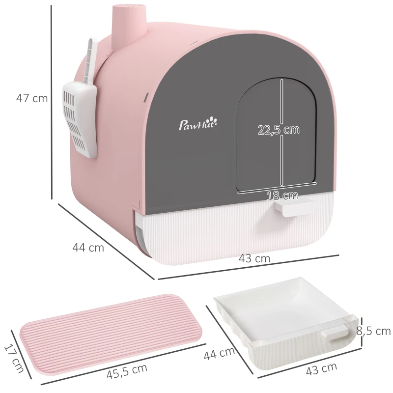 PawHut Kattenbak met Deksel, Strooischaufel, Vuilvangmat, Kunststof, Roze/Zwart(m-3)