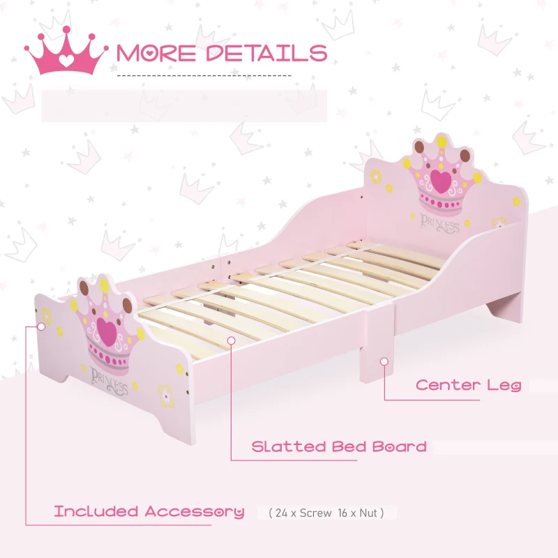 HOMCOM Kids Toddler Bed Princess Crown Theme Safety Side Rails Slats Home Bedroom Furniture Boys Girls 3-6 Years Pink 143 x 73 x 60 cm