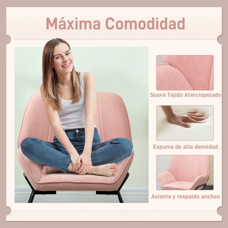 HOMCOM Butaca de Salón con Asiento Ancho y Acolchado Tapizado en Terciopelo Patas de Metal Sillón para Salón Rosa
