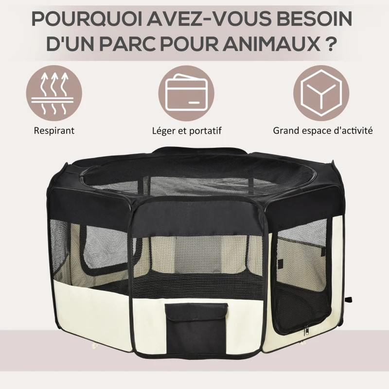 PawHut Parc enclos pliable pour chien chat petits animaux octogonal en tissu Oxford et acier - Ø 120 x 58H cm - noir et crème