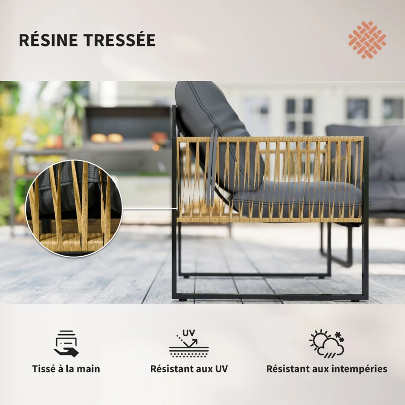 Outsunny Ensemble salon de jardin 4 pièces canapé 2 places 2 fauteuils et 1 table basse plateau verre trempé 3 coussins - gris