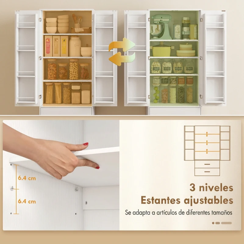 HOMCOM Alacena de Cocina con 2 Puertas, 8 Estantes en la Puerta 2 Cajones Estantes Ajustables 60x40x159 cm Blanco