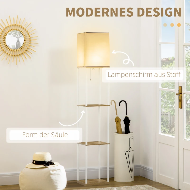 HOMCOM Staandelamp, Vloerlamp met Planken, Metalen Frame, Stoffen Kap, 26x26x159cm, Wit/Bruin